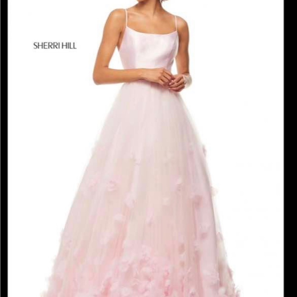 Sherri Hill size 8. Waist taken in and hemmed but both can be let out.